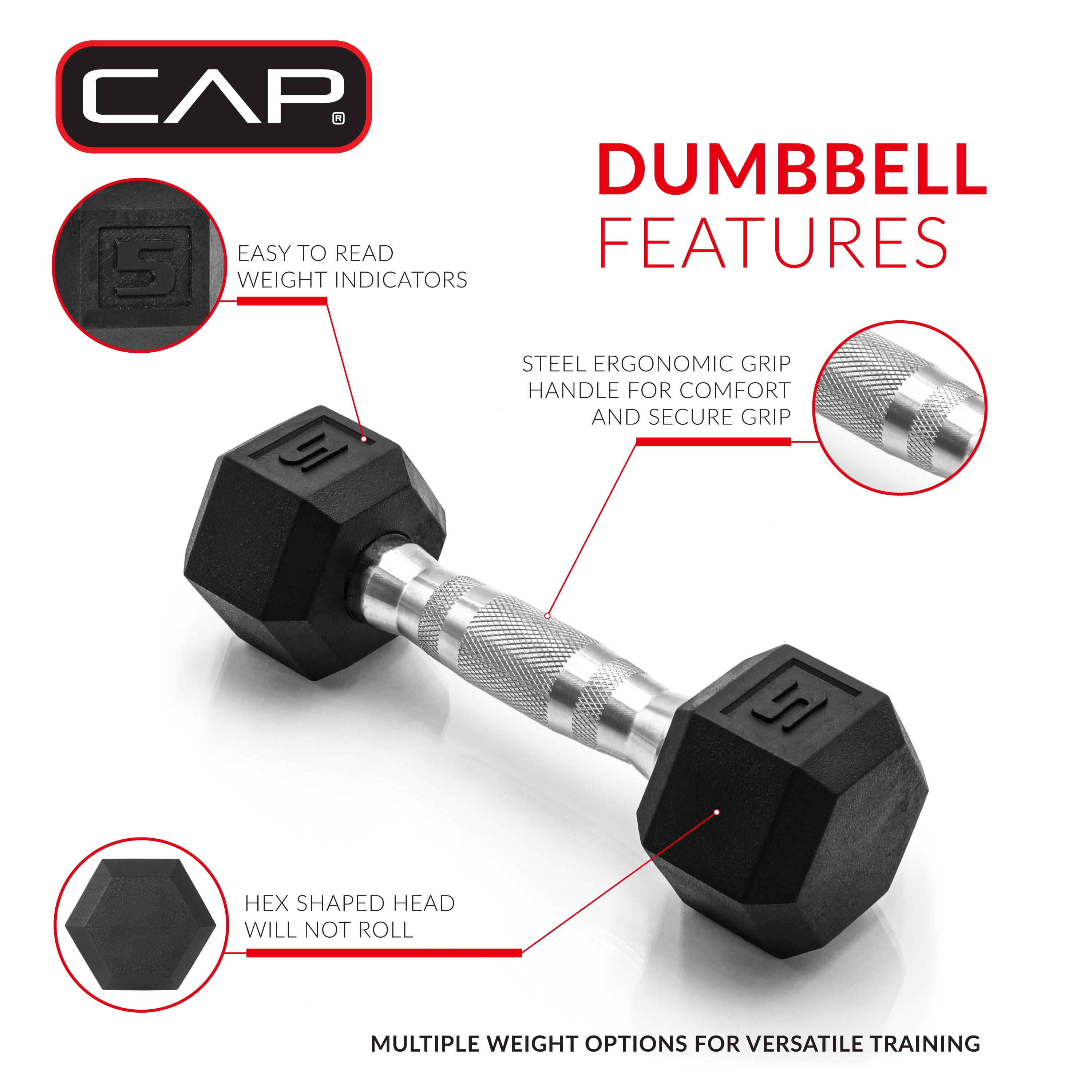 CAP 100lb Rubber Hex Dumbbell Set, Free Weights for Home Gym Strength Training
