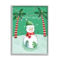 Season's Greetings Tropical Striped Palm Trees Snowman Landscape Graphic Art Framed Art Print Wall Art