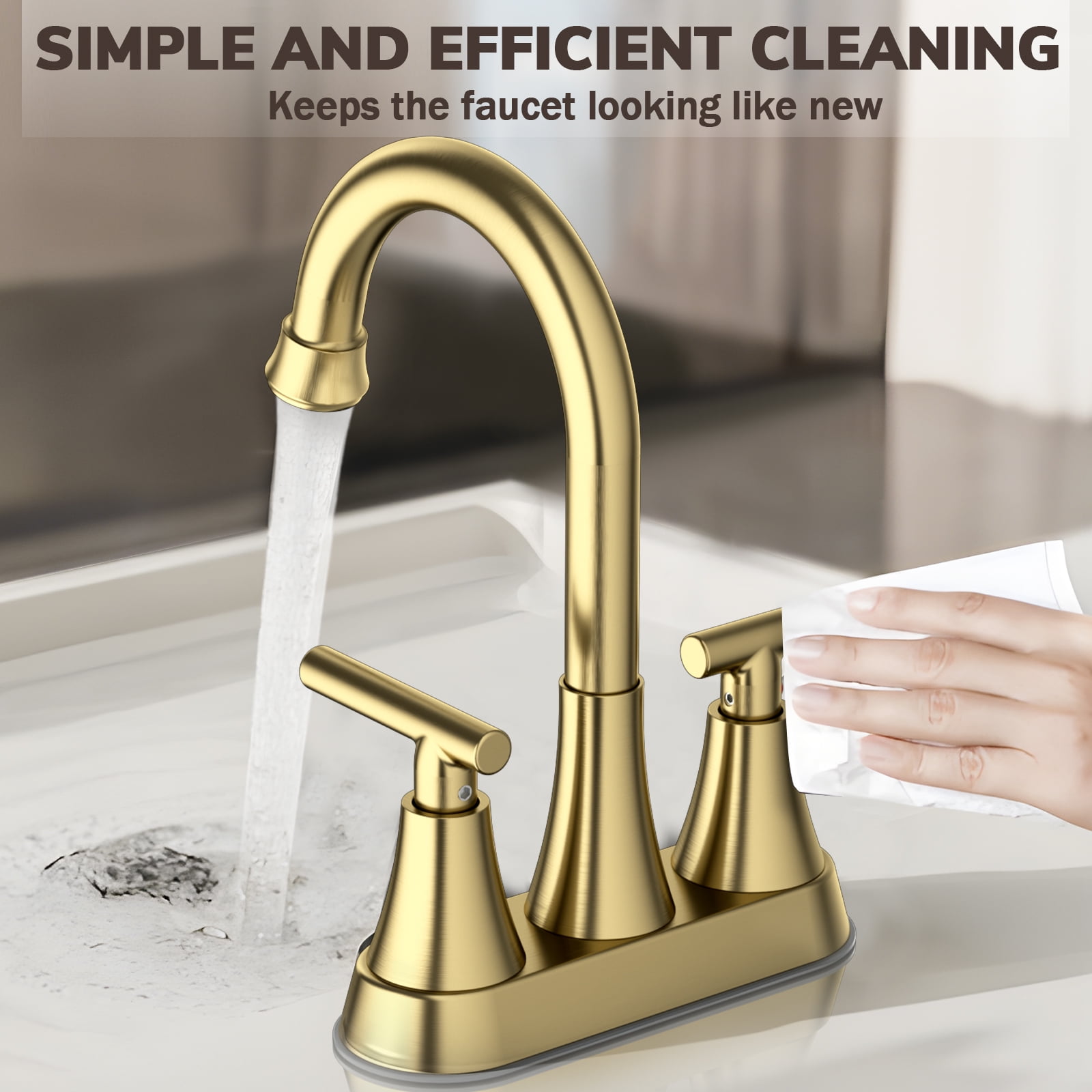 KINGTACK Bathroom Sink Faucet, 4 inch 2-Handle Gold Bathroom Faucet with Pop-up Drain and 2 Supply Hoses, Fits 2 or 3-hole Sink