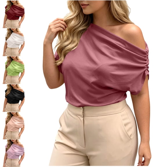 LEKWK Off the Shoulder Tops for Women Short Sleeve Crew Neck Ruched T-Shirt Loose Fit Solid Asymmetrical Blouses Summer Fashion Going Out Tops