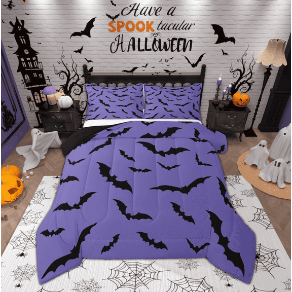 Feelyou Purple Gothic Bat Bedding Comforter Set for Teen, Halloween Festival Animal Twin Comforter Sets, Cartoon Theme Reversible Bedding Set, Super Cozy Room Decor, 2pcs