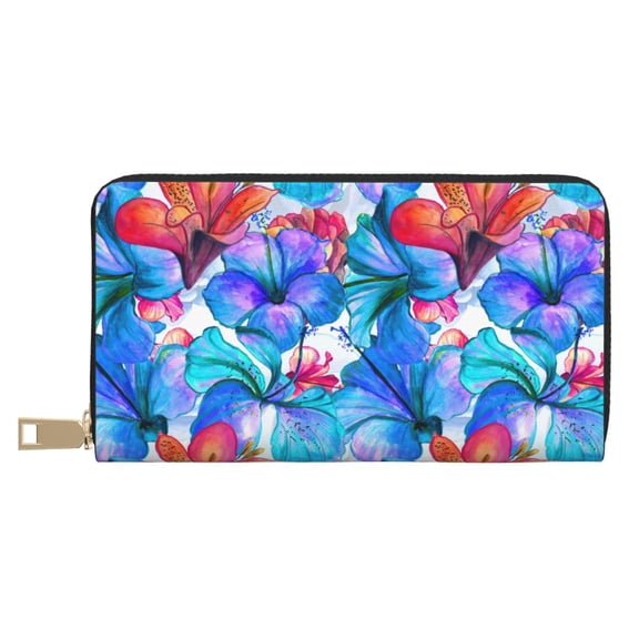 Leather Thin Slim Wallets for Women Men - Bright Flowers Clutch Card Wallet for Women Men with Zipper