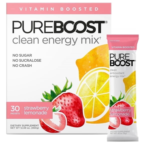 Pureboost Clean Energy Booster, Strawberry Lemonade 30 Count, Refreshing Energy Drink mix with B12, Electrolytes & Antioxidants, Sugar-Free with No Sucralose