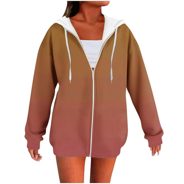 WRKEKC Womens Zip Up Hoodie Gradient Print Raglan Sleeve Hooded Sweatshirt with Drawstring Side Pockets Long Sleeve Fall and Winter Outerwear