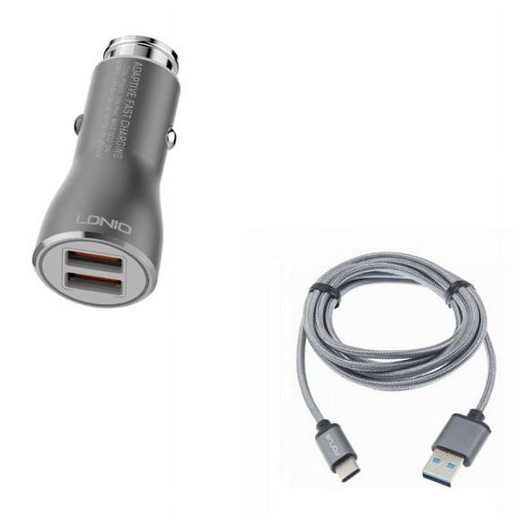 2-Port USB 36W Fast Car Charger w Charger Cord Type-C 10ft USB Cable G5K for Blackberry Motion, Key2, KEYone, LE - BLU G9, Vivo XI Plus 5 - CAT S61 S48c - Coolpad Legacy