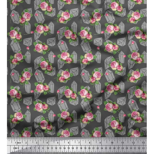 Soimoi Gray Cotton Poplin Fabric Leaves & Grandiflora Roses Floral Fabric Prints By Yard 42 Inch Wide
