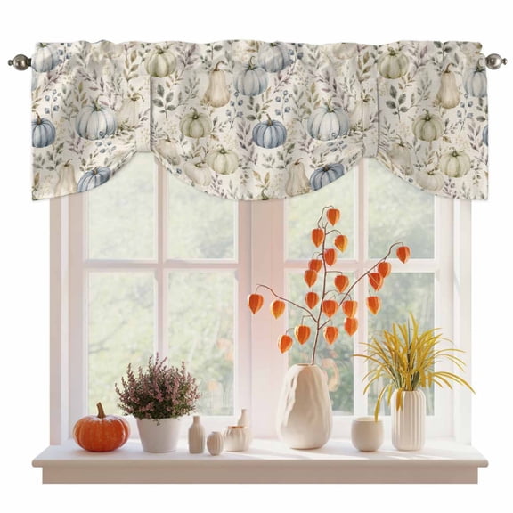 Thanskgiving Fall Tie Up Valance Curtains for Windows, Kitchen Curtains Window Treatments, Rustic Pumpkins Botanical Maple Leaf Short Window Shades Valances for Bedroom Bathroom Cafe 54"x18"