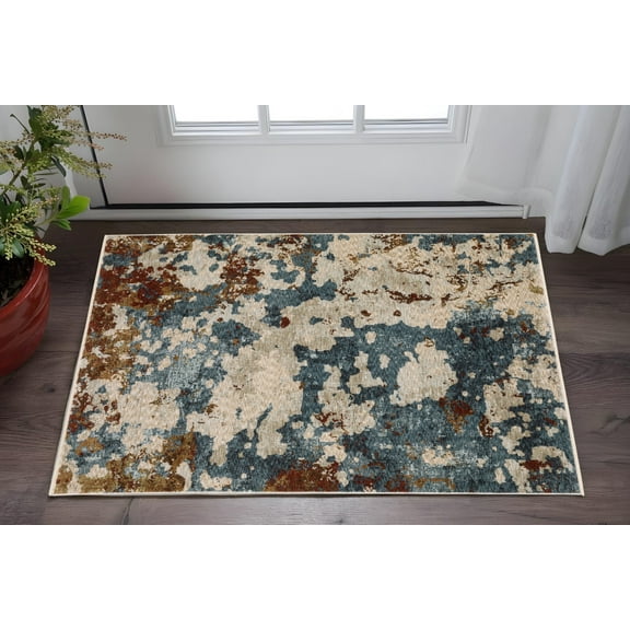HomeRoots 575417 3 x 5 ft. Abstract Rectangle Area Rug with Fringe, Beige, Teal & Rust
