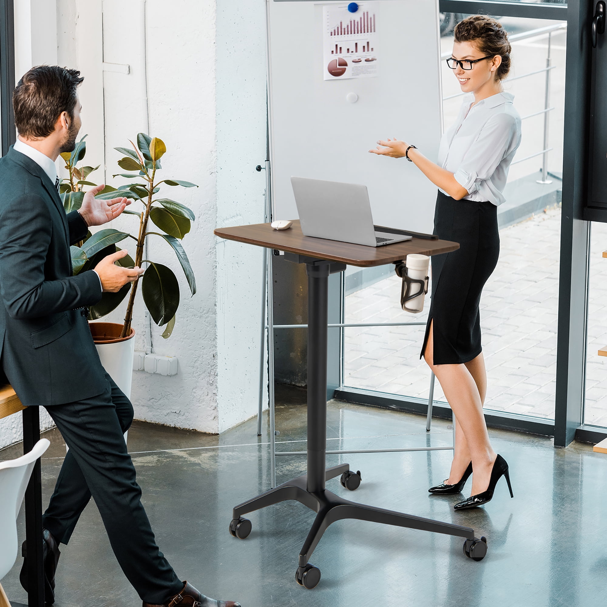 Costway Pneumatic Standing Desk Tilting Adjustable Laptop Cart Mobile Podium Cup Holder