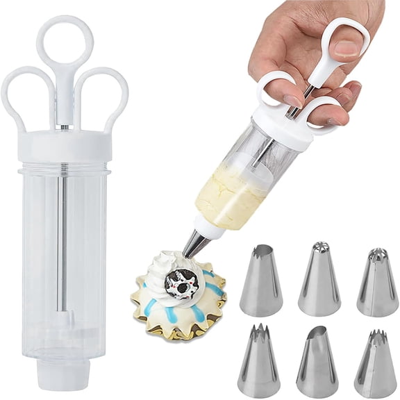 1 set Cake Decorating Gun, Cupcake Icing Piping Kit, Cake Decorating Kit with 6 Stainless Steel Piping Tips, Cupcake Injector/Decorating Icing Set, White
