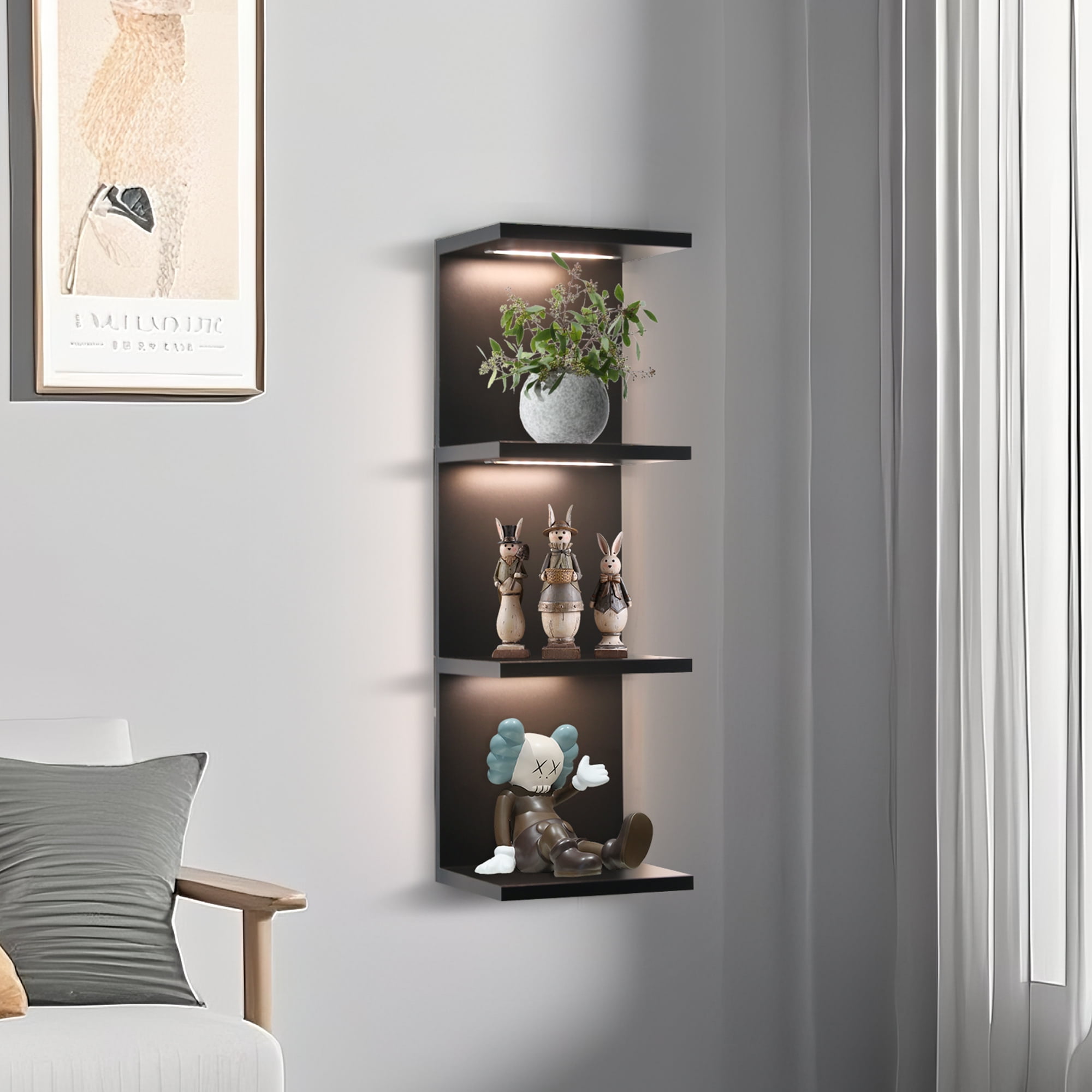 Versatile 4 Tier Wall Shelf Unit,Black Lack Wall Shelf,Display Floating Shelf with LED Remote Control Light