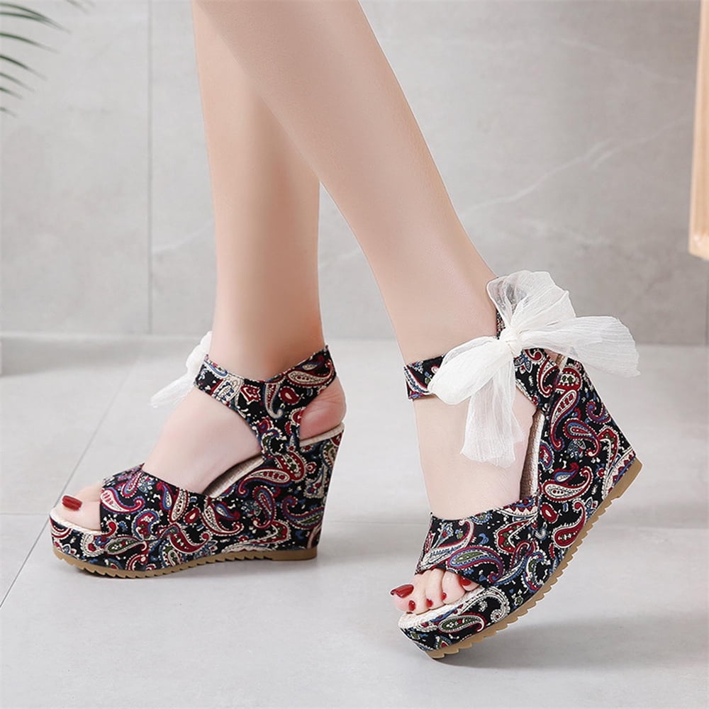 Women's Chinese Ethnic Style Double Buckle Canvas Shoes Hidden Wedge High  Heels | eBay
