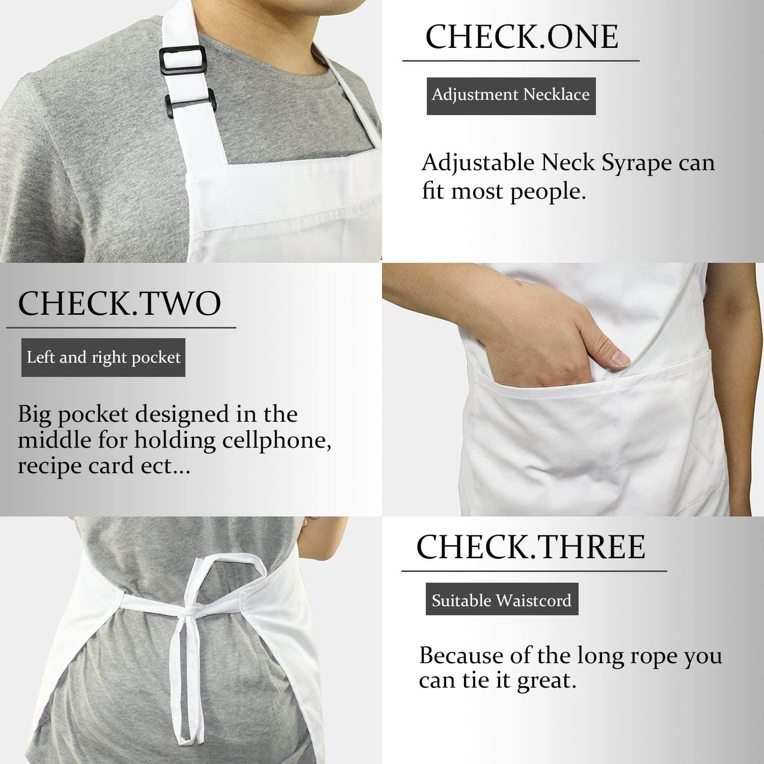 Fyuan Adjustable Bib Apron with 1 Pockets Cooking Kitchen Aprons for Women Men Chef White