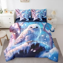 Manfei White Owl 7pcs Bedding Comforter Set,Flying Animal Queen Bedding Sets,Winter Theme Queen Sheet Sets For Kids,Luxury Bedroom Decor Reversible