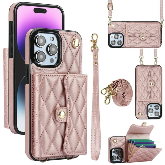 for iPhone 16 Pro Case, Wallet Phone PU Leather Case with Card Holder Crossbody Cover for Women Girls Strap Wristlet RFID Blocking Shockproof Protective Cover for iPhone 16 Pro, Rosegold