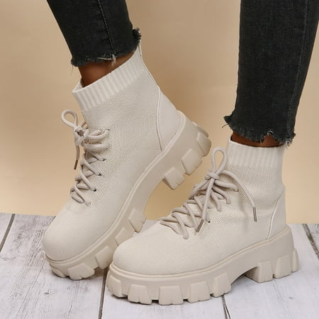 

QISIWOLE Women s Shoes Round Toe Thick Bottom Fashion Knitting Breathable Buckle Lace-up Female Boots Discount !