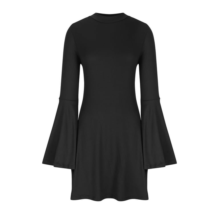 Xunlbb Winter Womens Dresses Trendy Classy Casual Long Sleeved Round Neck Party Solid Color Flared Sleeve Curvy Wrap Bump Friendly Mid Length Dress