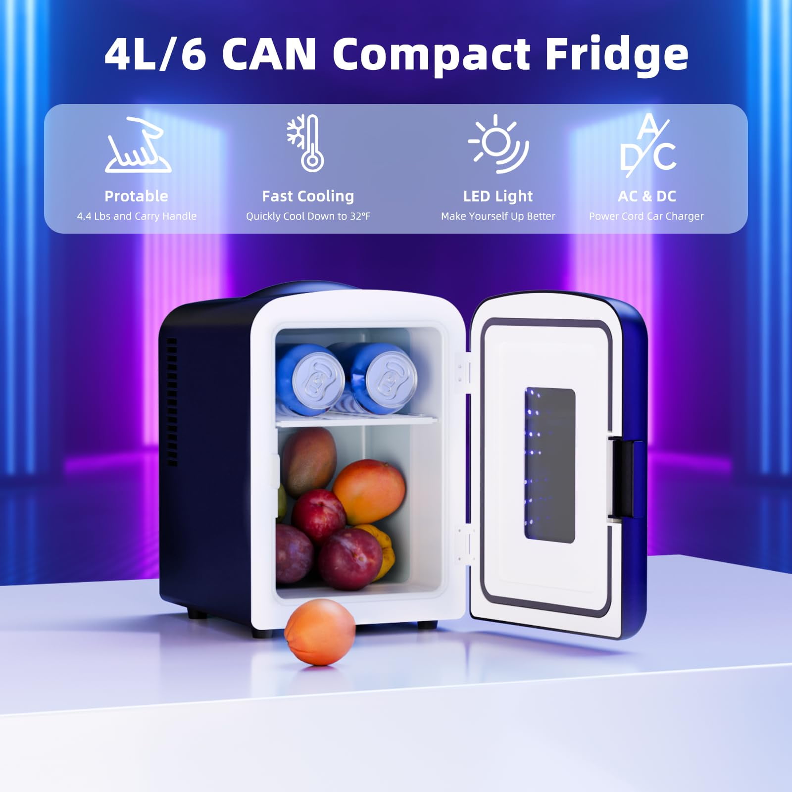 FREE VILLAGE Portable Mini Fridge 4L Capacity/6 Cans,Mini Compact Refrigerator with Gaming Light for Bedroom,Car,Office and Dorm,Small Skincare Fridge Beverage Cooler for Drinks and Food,Black