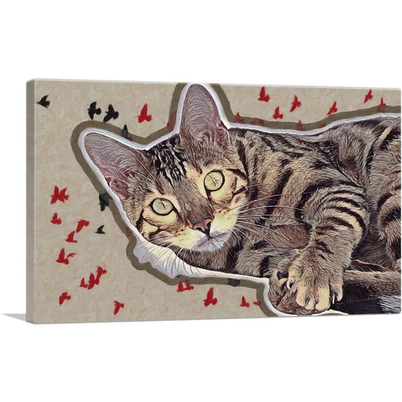 ARTCANVAS Bengal Cat Breed Birds Canvas Art Print - Size: 60" x 40" (0.75" Deep) (3-Piece)