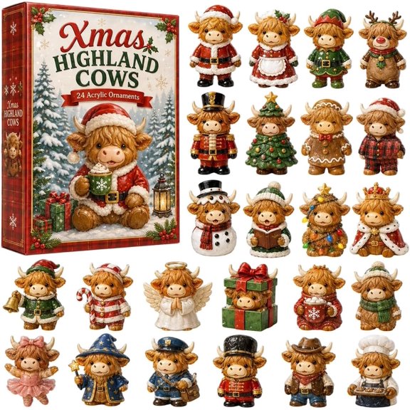 Highland Cow Advent Calendar, 24‑Day Countdown Blind Box, 2D Acrylic Hanging Ornaments, Fall Autumn Decor for Christmas Tree, Home Holiday Xmas Surprise Gift