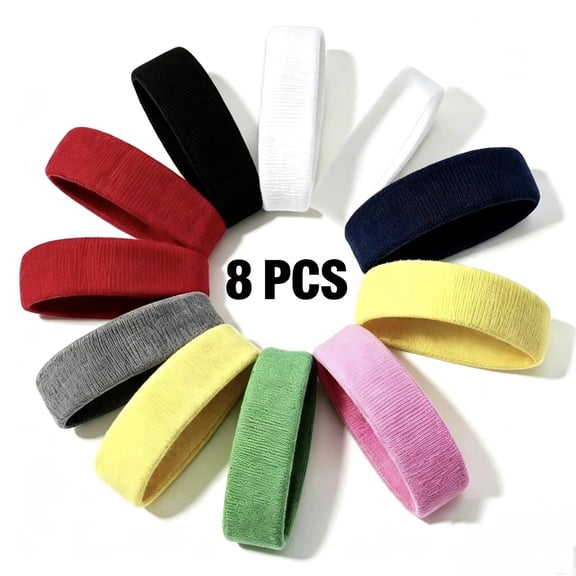 Vruelia 8 Pack Sweatbands Sports Headband for Men & Women, Moisture Wicking Hairband Athletic Towel Headbands Cotton Head Sweat Bands for Running, Cycling, Yoga, Spa