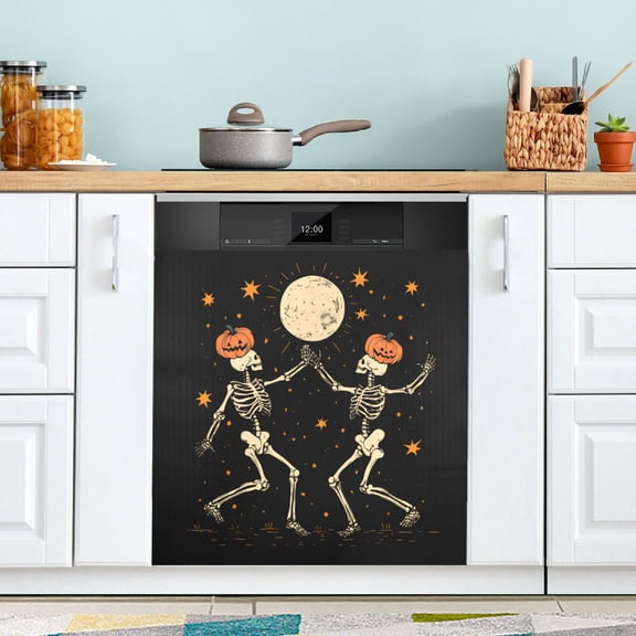 Yayeee Magnetic Dishwasher Cover for The Front Decoration Home Kitchen Machine Sticker Protector, Black Halloween Dancing