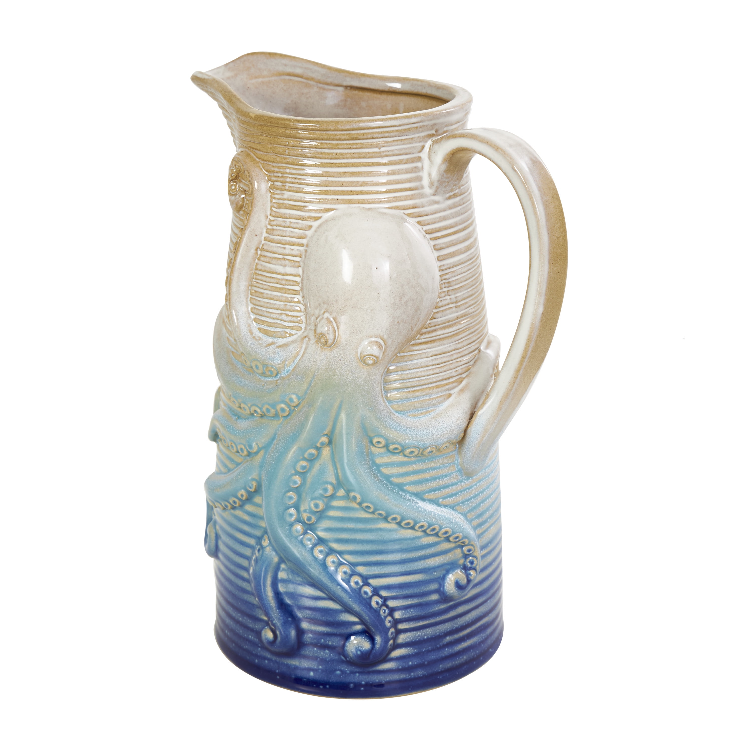 DecMode 10", 10"H Octopus Dimensional Ribbed Ombre Blue Ceramic Vase, Set of 2