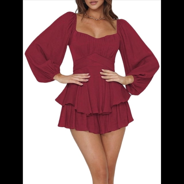 Mono Corto con Mangas Largas y Volantes para Mujer, Estilo Farol, con Lazo y Lazo Vino Tinto S