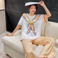 thumbnail image 4 of Pijama de seda de hielo para mujer, conjunto de tres piezas de cuello redondo, manga corta y fina, estampado de moda, estilo novio, ropa para el hogar, 4 of 6