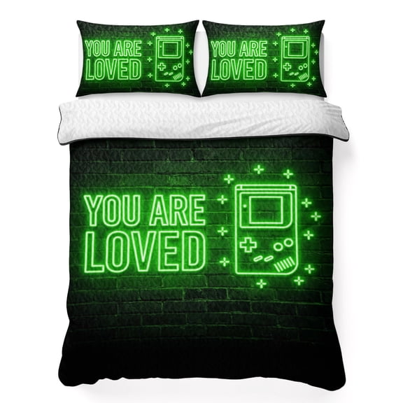 Quilts Twin XL Size Bedding Set, Green Video Game Lightweight Quilted Comforter, Black Modern Text Graffiti Brick Soft Reversible Bedspread Coverlet with Pillow Covers for All Season, 68" x 98"