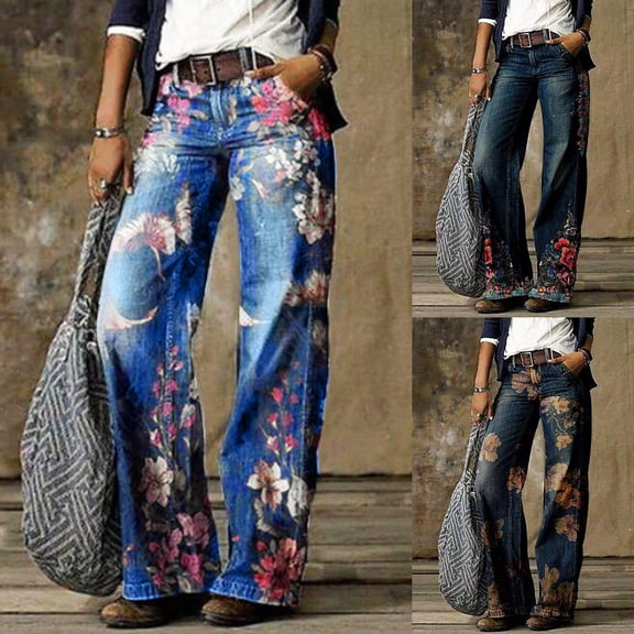 Hpapadks Jeans for Women Trendy Flowers Printed Personality Straight Wide Leg Denim Pant Pants for Women Blue L