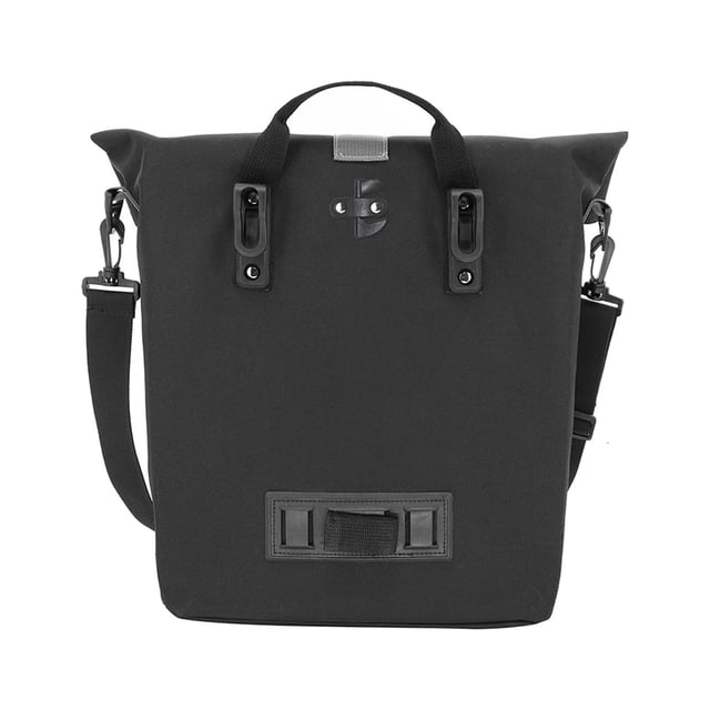 Bike Rear Seat Bag 14L Large Capacity Rear Rack Bag Bike Pannier Crossbody Bag for Cycling Traveling Commuting. Made of durable black 600D PVC material with waterproof taped seams to keep items dry. Features reflective accents for night visibility, adjustable hooks and adhesive straps for secure attachment to bike racks, and a removable shoulder strap for crossbody use. Measures 30 x 17 x 34 cm with a wide opening and internal pocket for valuables.