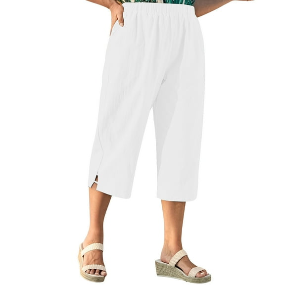 biudgviw Womens Capri Pants Wide Leg Cropped Pants with Pockets Elastic Waisted Linen Pants Summer Lounge Plus Size Capris