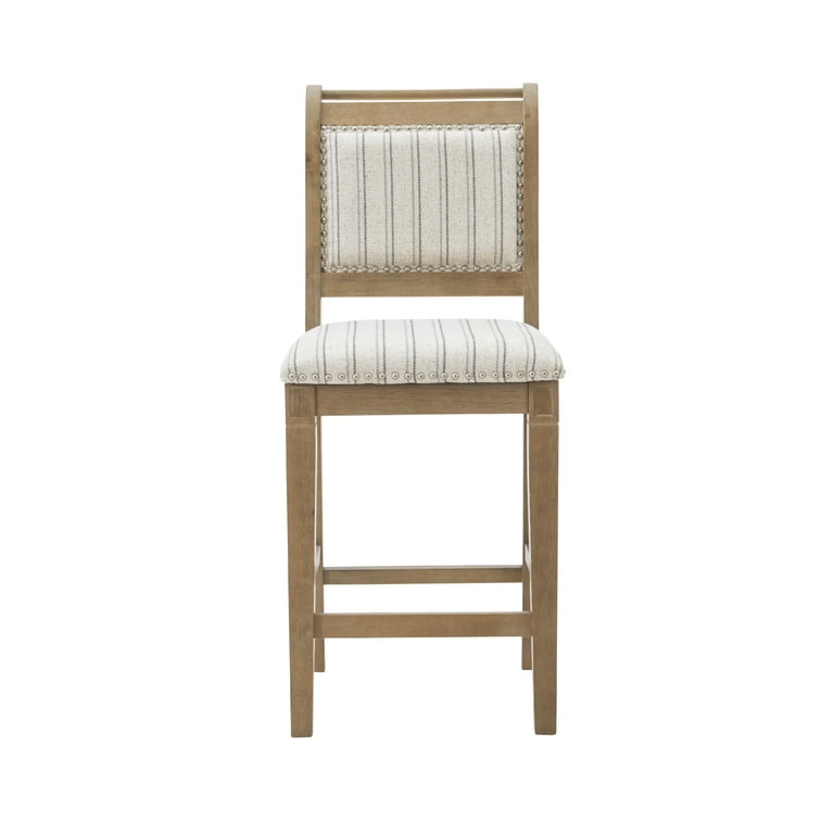 Linon Wooden Rustic Farmhouse Emmy Counter Stool Full Back 26 Seat Height Gray Wash Finish with Stripe Fabric Walmart