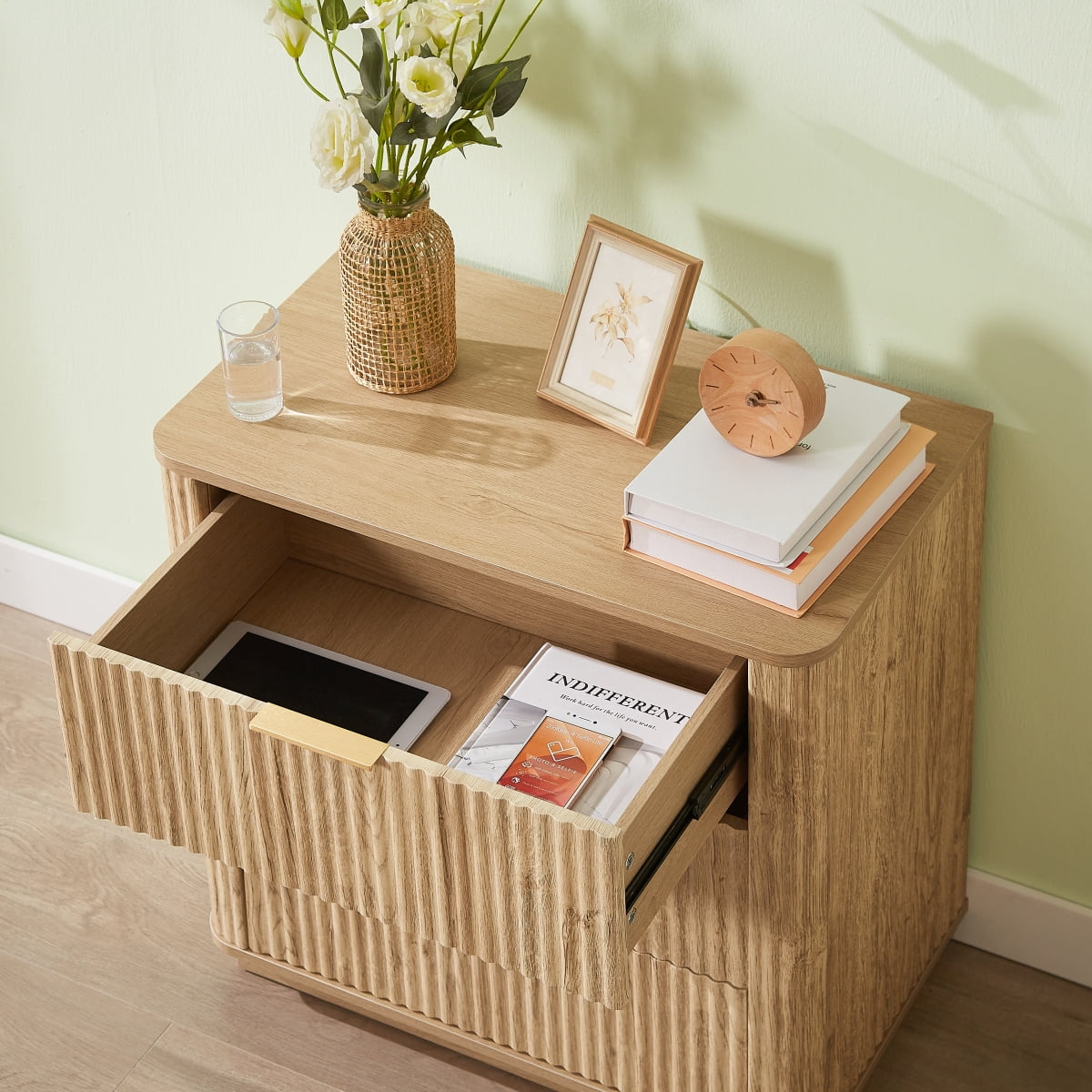 GZXS 27.6" Wide 3-Drawer Nightstand, Contemporary Fluted Wooden Dresser, Easy Assembly for Small Spaces - Oak Finish