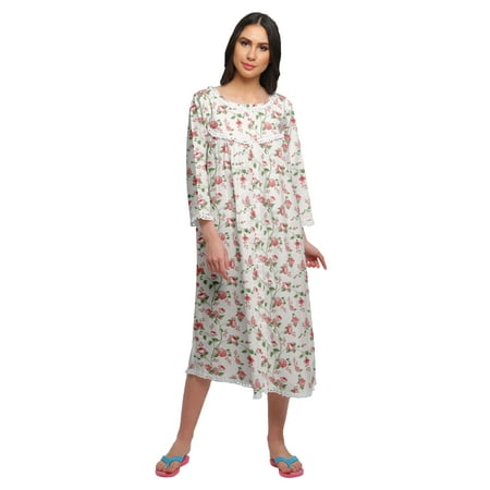 Moomaya Cotton Women Knee Length 3/4th Sleeve Nightdress Printed Nightwear
