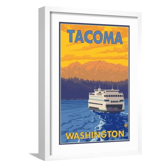 Art.com Ferry and Mountains, Tacoma, Washington Art Print by Lantern Press, White Frame Wall Art, 17" x 23"