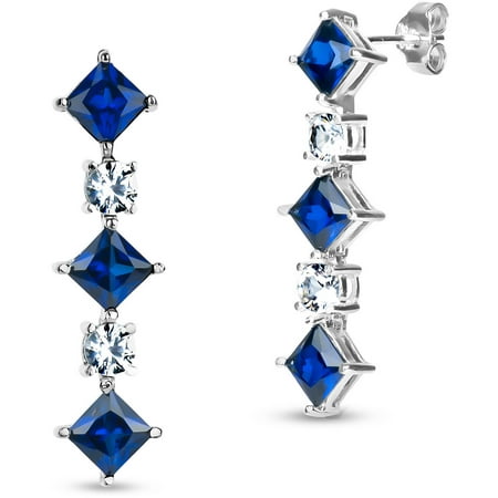 Created Blue and White Sapphire Sterling Silver Square Point-on-Point Drop Post Earrings