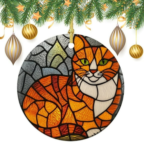 Stained Glass Depiction of An Orange Cat Ornament Lovely Cat Pattern 3" Circle Ceramic Ornament Personalized Christmas Ornaments Gifts for Women Men On Christmas