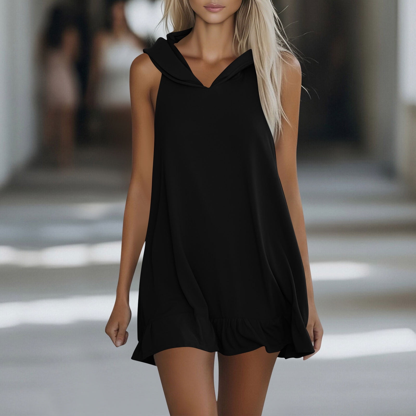 BiZtdJrK Womens Summer Sleeveless Hoodies Solid Color Casual Athletic Golf Tennis Dress Travel Vacation Clothes, Black, S