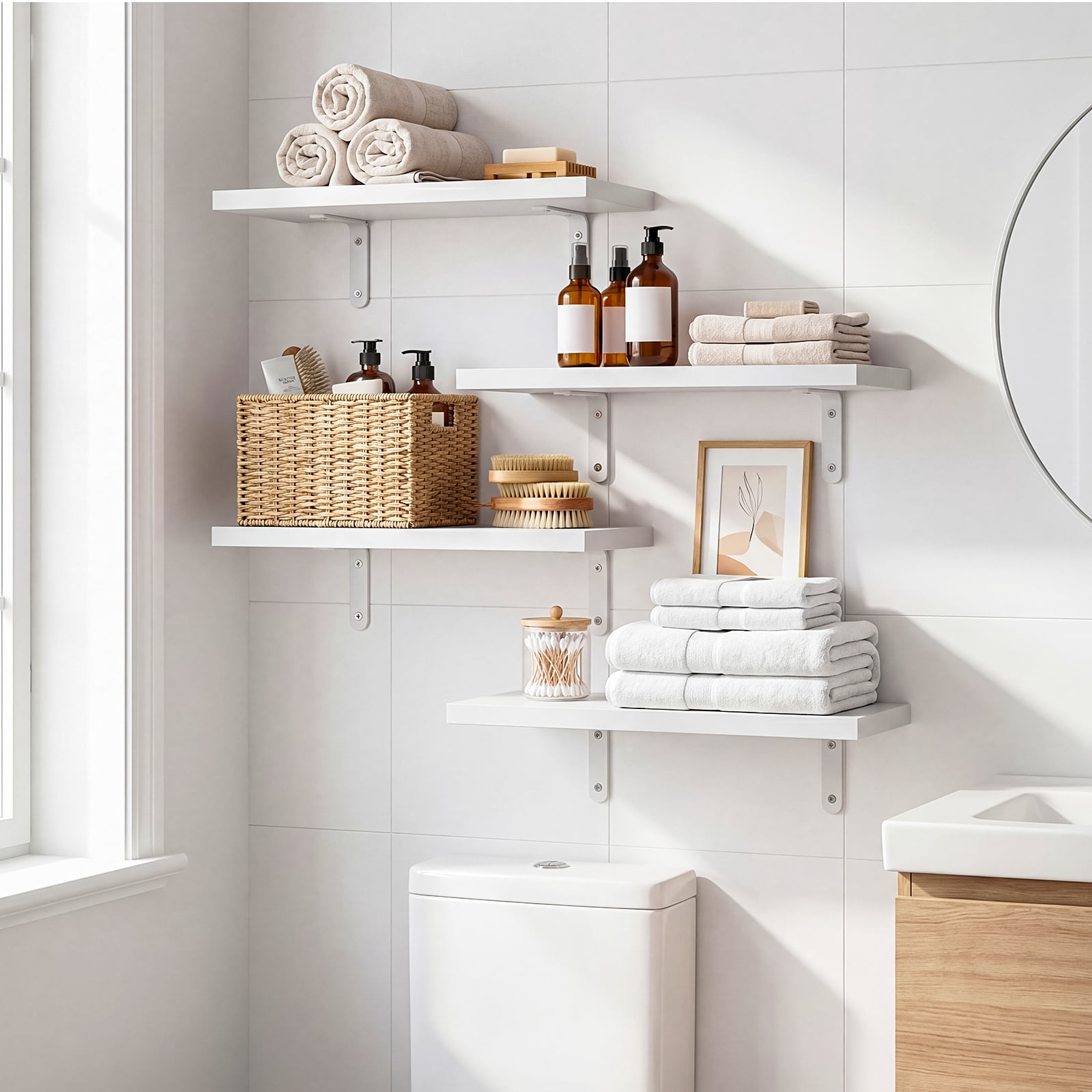 Fairy Floating Wall Shelves Set of 4, White Wood Shelves for Bedroom Bathroom Wall Storage