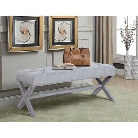 Luna Updated Neo Traditional Polished Nailhead Tufted Linen X Bench