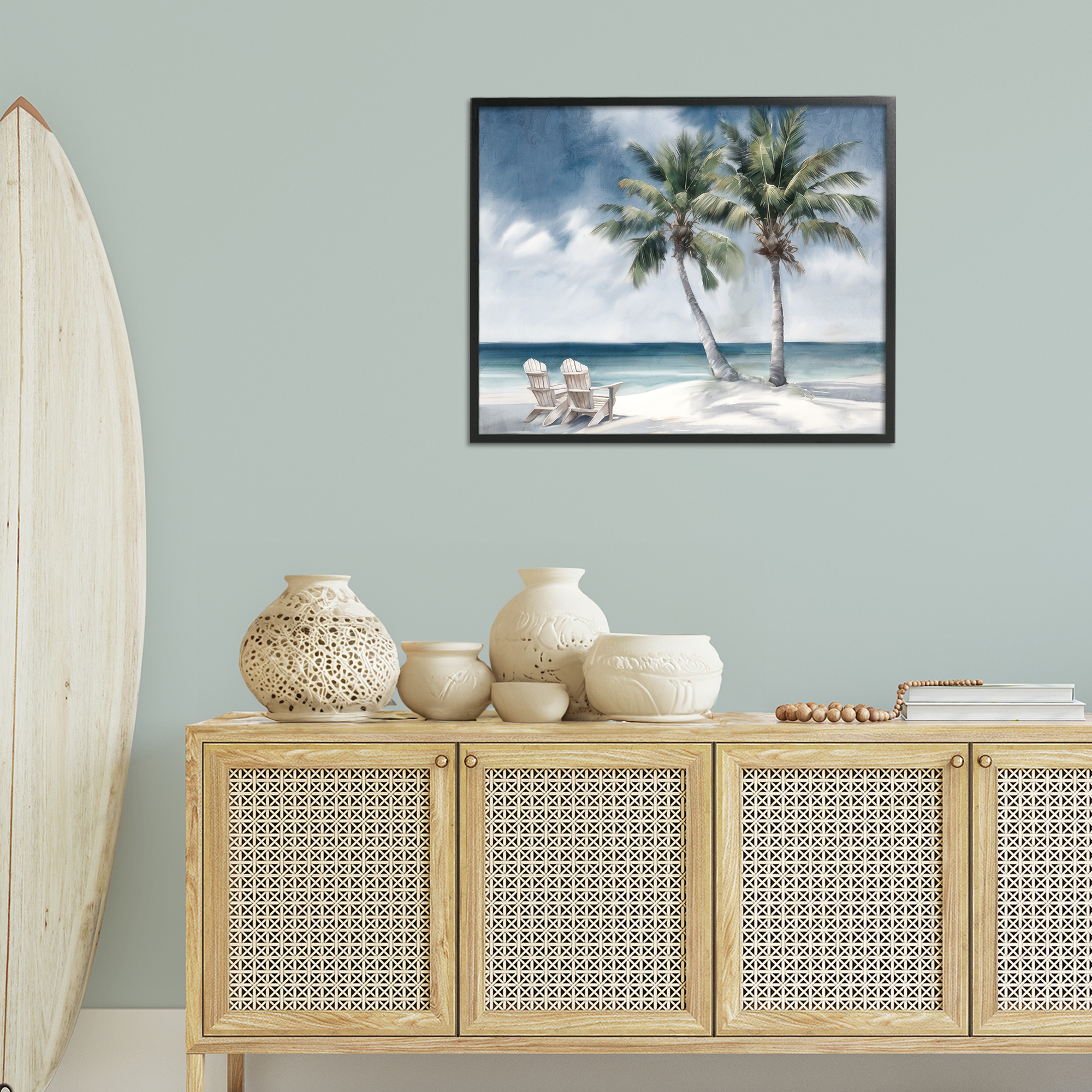 Stupell Industries Peaceful Tropical Landscape Coastal Painting Black Framed Art Print Wall Art, 30 x 24
