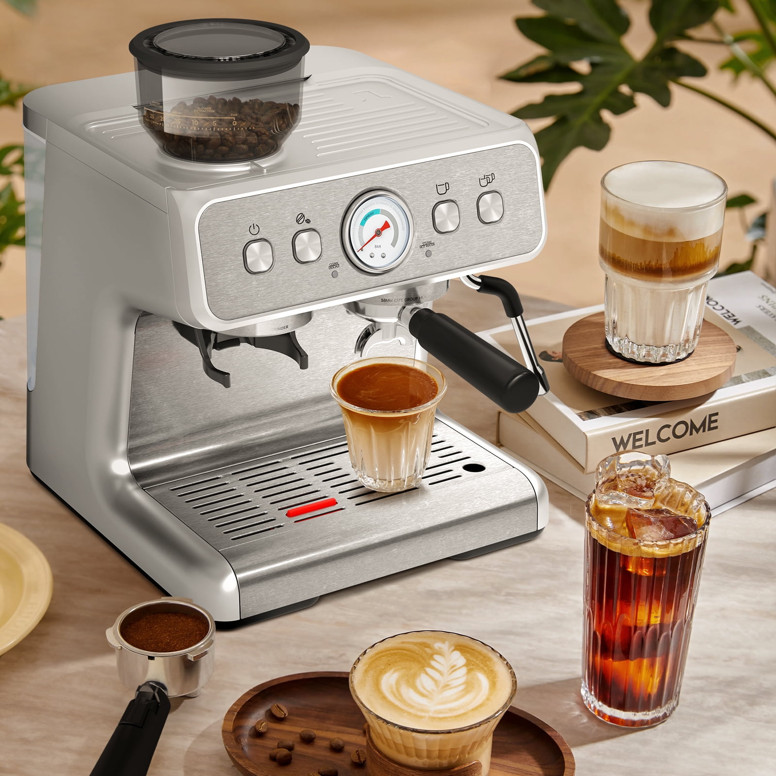 Moifoi 15 Bar Semi-Automatic Espresso Coffee Machine with Conical Burr Grinder and Steam Wand, 1&2 Cups - Silver, New