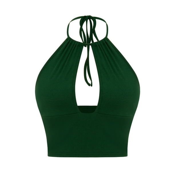SAYOO Chaleco Recortado Sin Mangas para Mujer, Camiseta Sin Mangas Ajustada Con Cuello Halter De Color Sólido, Camisola Con Ombligo Ahuecado De Verano SAYOO Casual