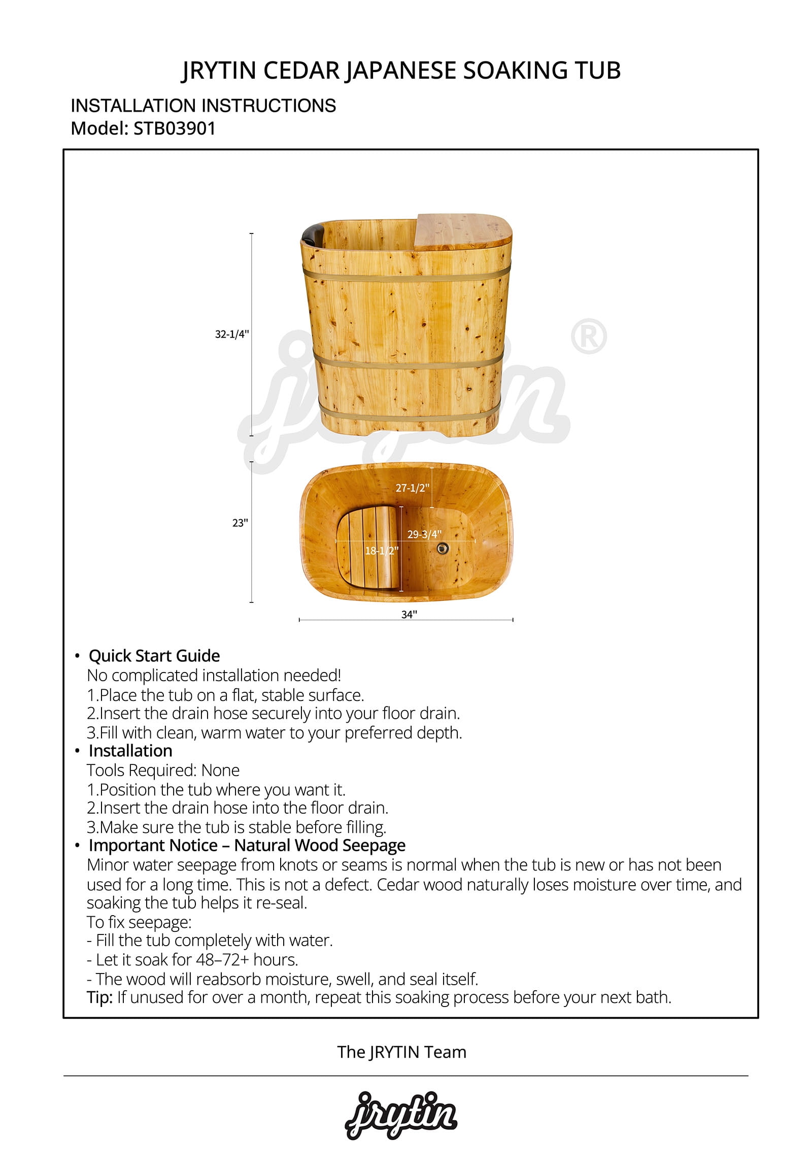 JRYTIN  34” Handcrafted Cedar Wood Japanese Soaking Tub with Lid Deep Soaking Experience Portable Square Freestanding Wood Tub