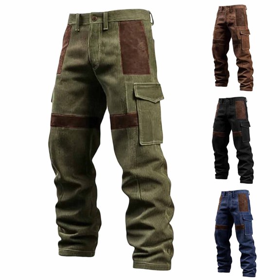 Men's Patchwork Cargo Pants Corduroy Ripstop Outdoor Adventure Wear Casual Hiking Work Pants with Multi Pockets(No Belt) Army Green