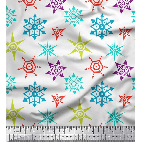 Soimoi White Cotton Jersey Fabric Snow Flakes Floral Printed Fabric 1 Yard 58 Inch Wide
