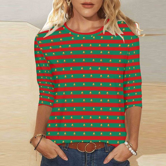 Elvqul Womens Crewneck Shirts 3/4 Sleeve Tops Christmas Festival Merry Christmas Graphic Shirts for Women Pullover