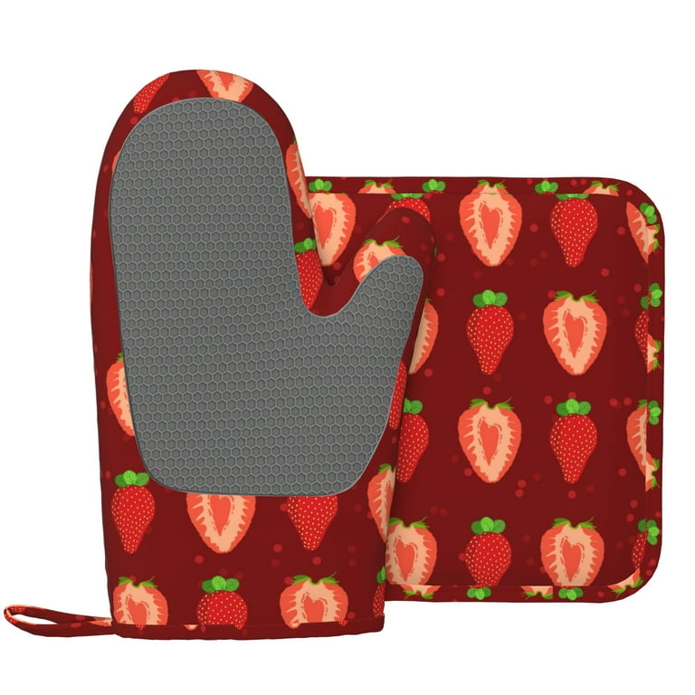 DouZhe Oven Mitts and Pot Holders Sets, Red Strawberry Fruit Prints  Non-Slip Heat Resistant Kitchen Oven Silicone Glove 